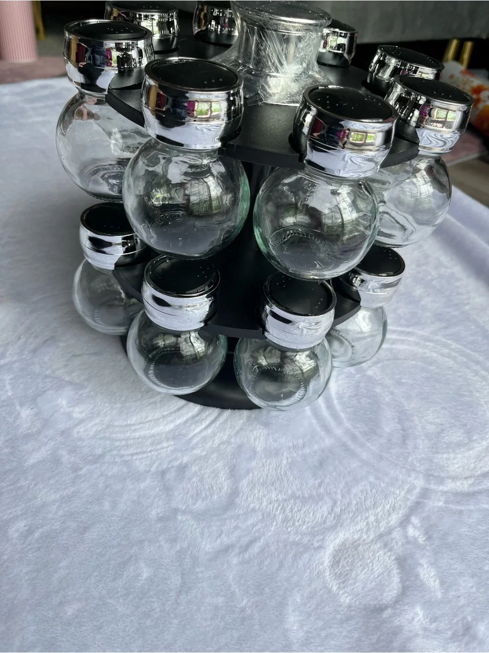 Black Rotating Spice Rack Set with Glass Jars - Sleek Kitchen Organizer-NWT